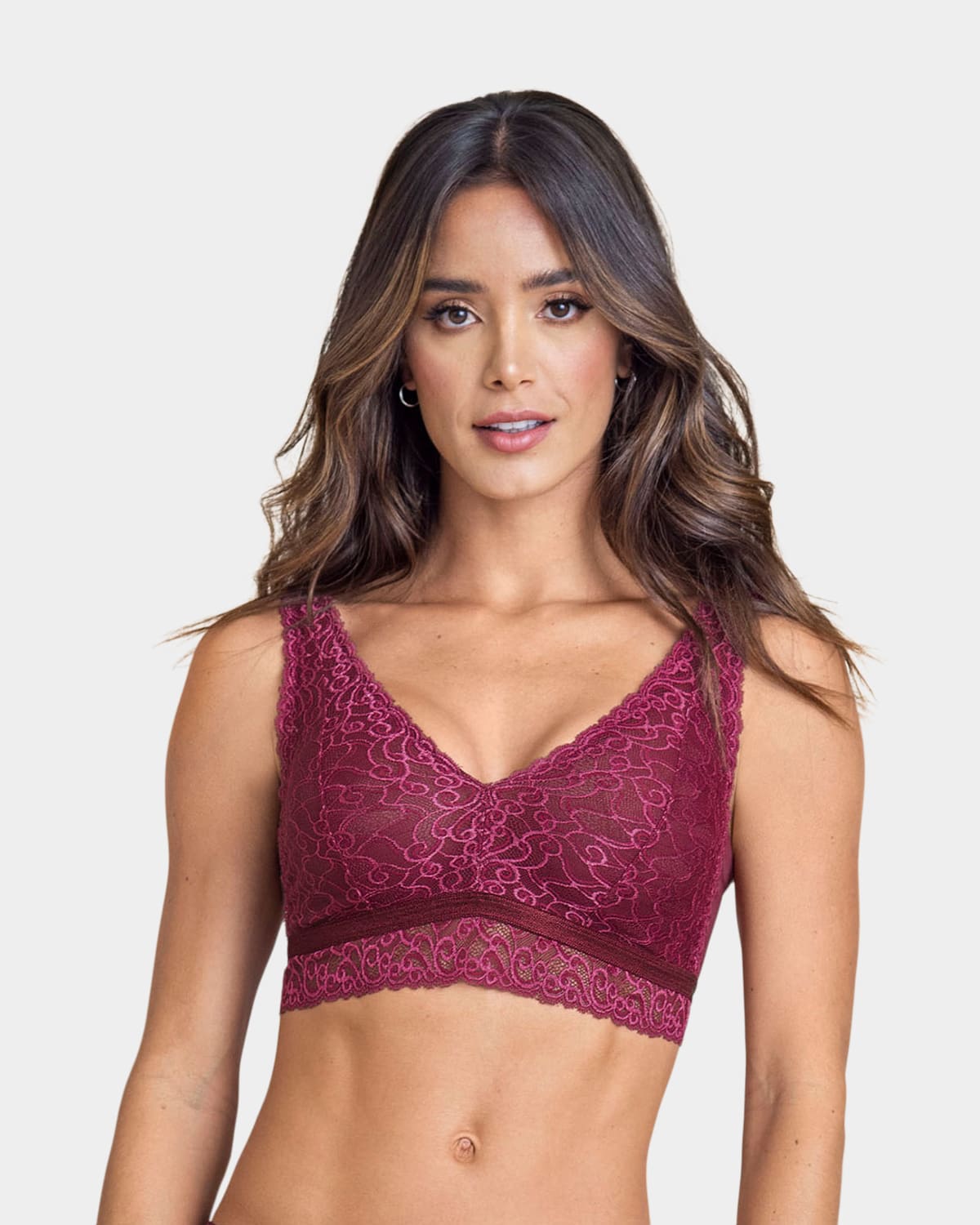 Bralette triangular de encaje en el frente y tela lisa en espalda#color_220-vino