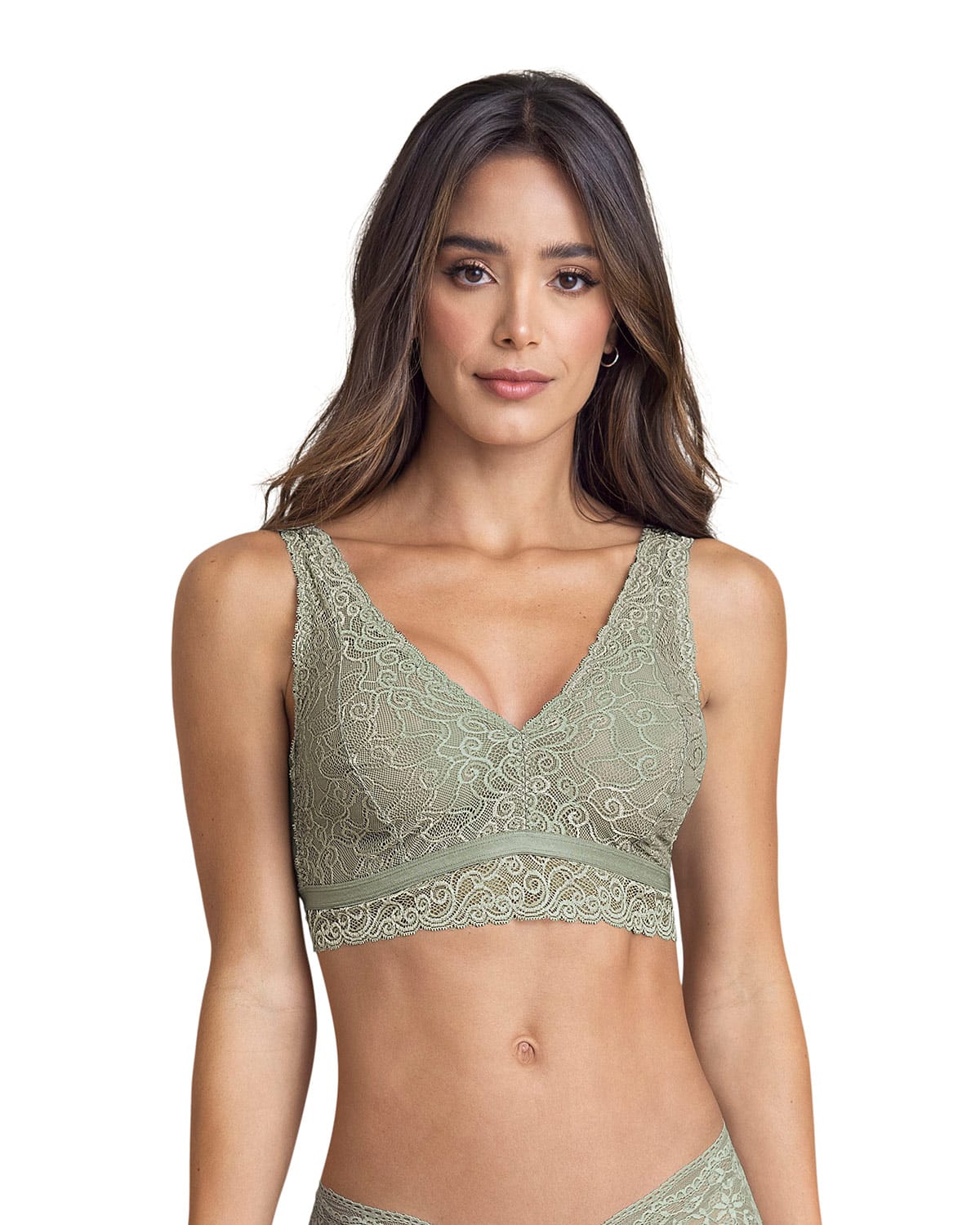 Bralette triangular de encaje en el frente y tela lisa en espalda#color_623-verde